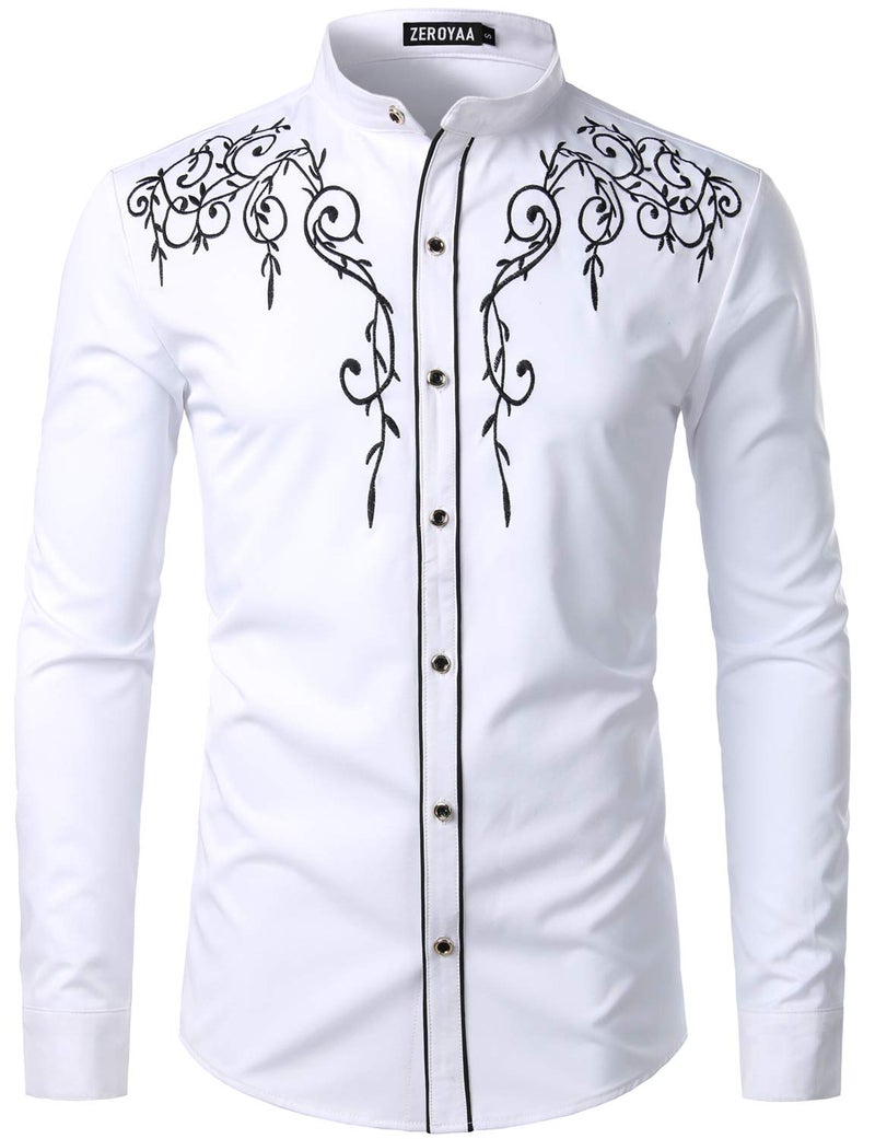 ZEROYAA Mens Western Design Floral Embroidery Slim Fit Long Sleeve Banded Collar Dress Shirts ZLCL19 White X-Large - Image 1